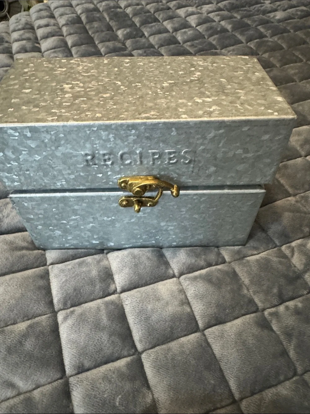 Hearth &hand Galvanized Metal Recipe Box with Brass Latch -silver gray
